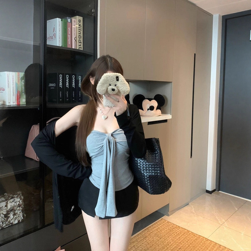 Hot Girl Strappy Tube Top Women's Autumn Casual Suit Pure Lust Lazy Style Long-Sleeved Cardigan Top Two-Piece Set