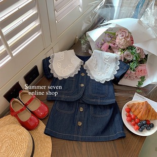 Ancorelala2023 summer girls fashion denim suit large lapel short sleeve top plus skirt two-piece set