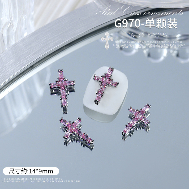 Red Cruz Roja marco joyería de uñas vintage punk metal personalidad aleación diamante incrustado cráneo decoración de uñas