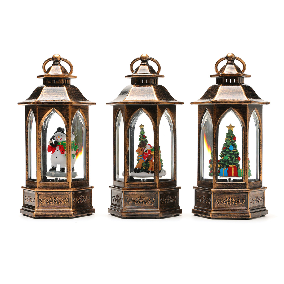 Nueva lámpara de aceite de inyección de agua hexagonal de nieve giratoria luminosa, decoración de caja de música, decoración de regalo de Navidad, linterna