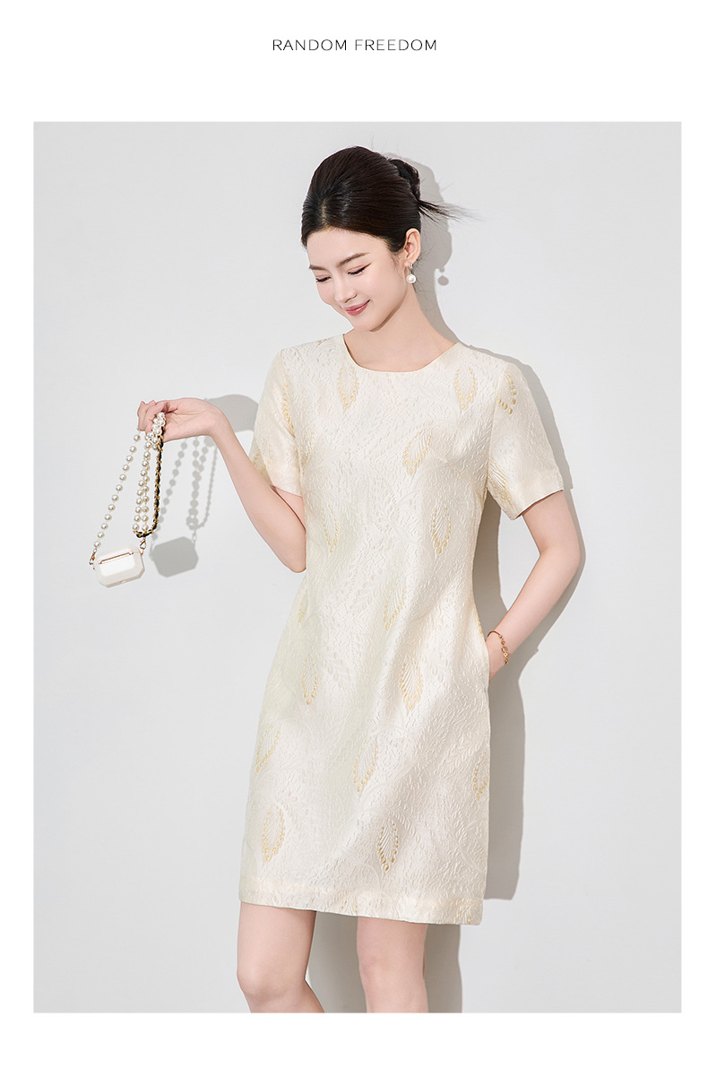 Váy ngắn tay nữ họa tiết jacquard mạ vàng phù điêu thanh lịch — Màu xanh lam chi tiết 10