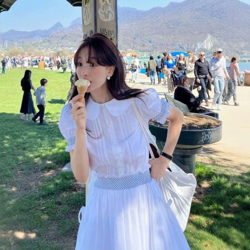 Now Available: Korean Designer Fletta Doll Collar Puff Sleeve Short-Sleeve Shirt + Long Skirt Korean Style Women's Outfit Set Now Available: Korean Designer Fletta Doll Collar Puff Sleeve Short-Sleeve Shirt + Long Skirt Korean Style Women's Outfit Set