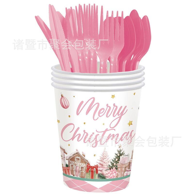 新款粉色水彩圣诞节派对用品创意礼物一次性纸盘餐具生日布置装饰|undefined