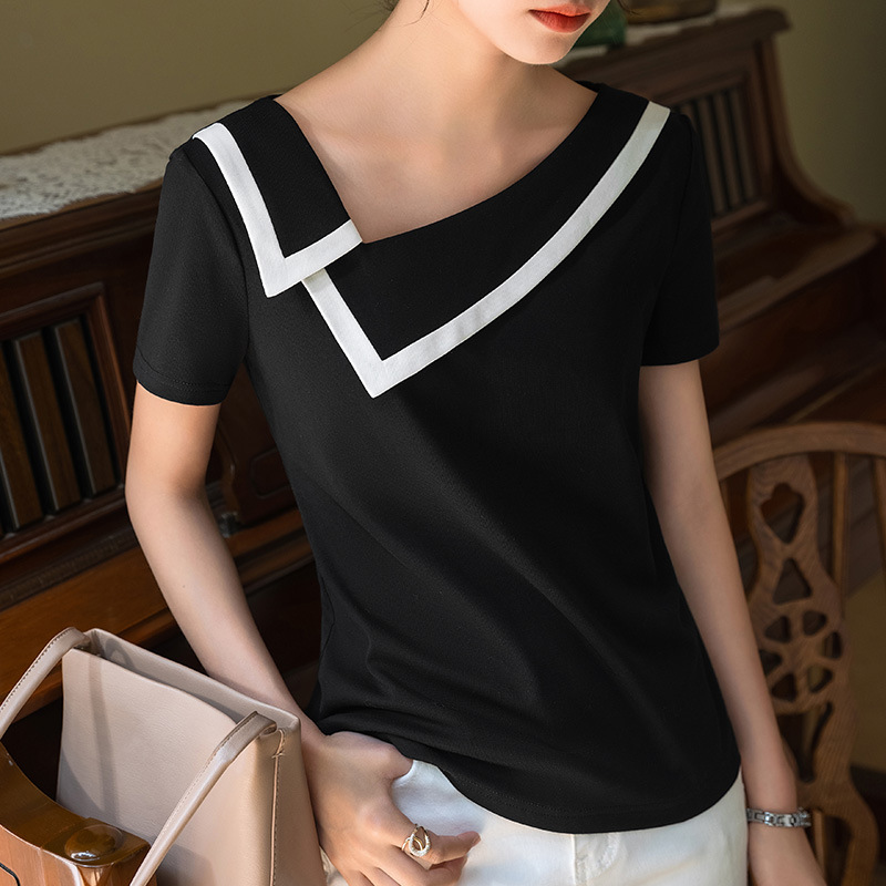Camiseta de manga corta para mujer, estilo nuevo de verano 2025, camiseta de algodón con cuello en V y hombros caídos estilo francés con diseño de cuello en contraste de color.