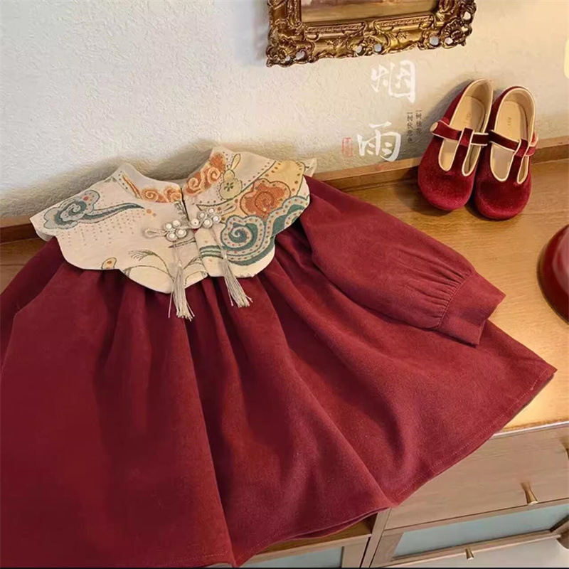 Niñas invierno bordado vestido de hombro nublado vestido de Año Nuevo vestido rojo vestido de Año Nuevo chino vestido de princesa infantil