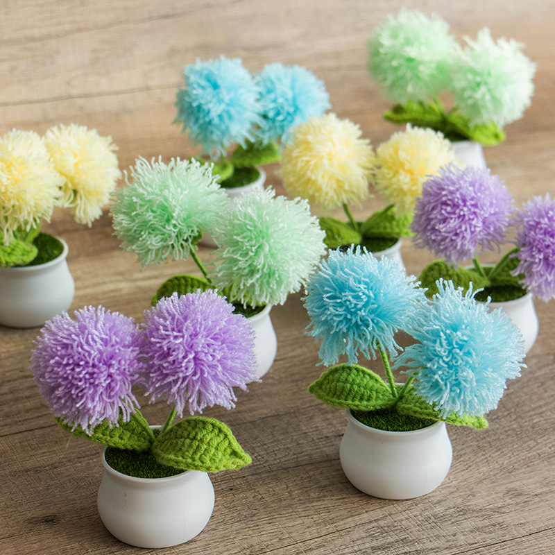 成品手工針織蒲公英盆栽成品毛線仿真毛絨花擺件節日禮品擺攤跨境