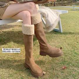 牛皮葡萄妈秋冬新款增高6cm~保暖翻毛毛后拉链长筒粗跟绒面骑羊皮