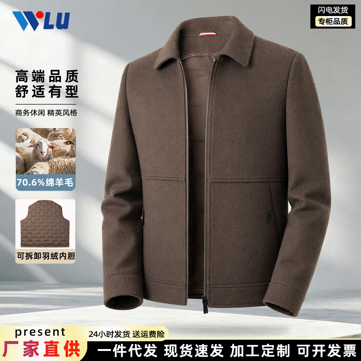 2026男式工装夹克外套秋冬加厚鹅绒内胆商务休闲双面羊毛呢子大衣