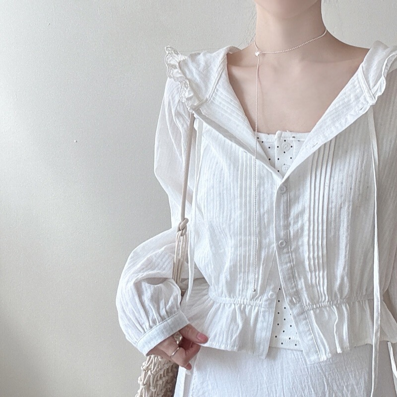 Korean Chic Summer New French Design Lace Elastic Waist Hooded Sun Protection Long-Sleeved Shirt for Women