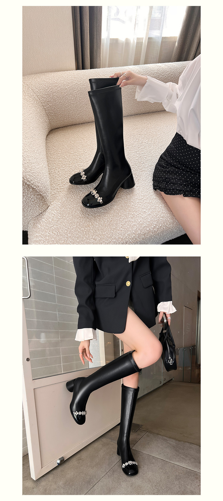 Boot nữ cổ cao ôm bắp chân phong cách vải tuýt, gót thô 5 cm, đế dày, mũi tròn — nhung đen, Lớp lót đơn màu trắng nhạt, Lớp lót đơn màu đen, Lớp lót nhung màu trắng nhạt chi tiết 7