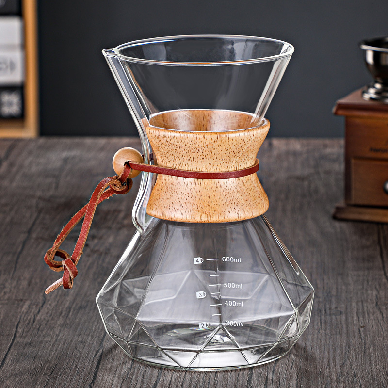 Hand coffee pot sharing pot Diamond Glass drip pot coffee filter cup with wood chip scale coffee pot