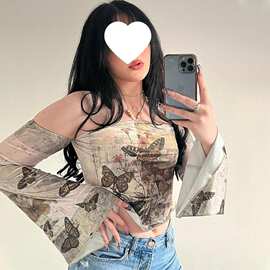 胖300斤做旧风情蝴蝶印花一字领复古喇叭袖上衣修身辣妹露肩恤