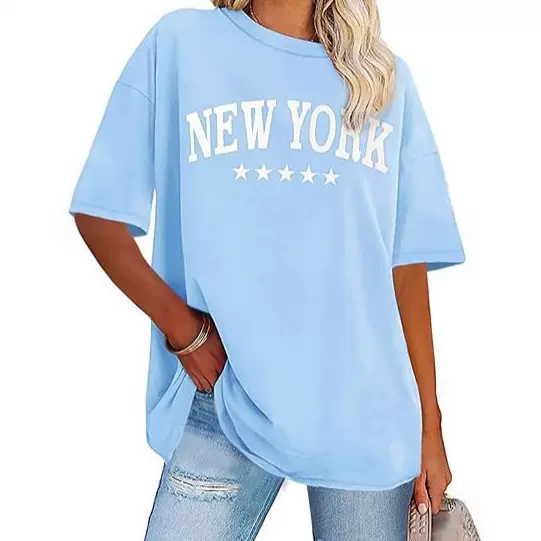 跨境亚马逊女式宽松大T恤夏季印花棉质短袖T休闲居家上衣多色圆领