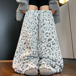 豹纹软糯米裤女2026年秋冬高腰显瘦宽松胖mm垂感针织阔腿裤子卫裤