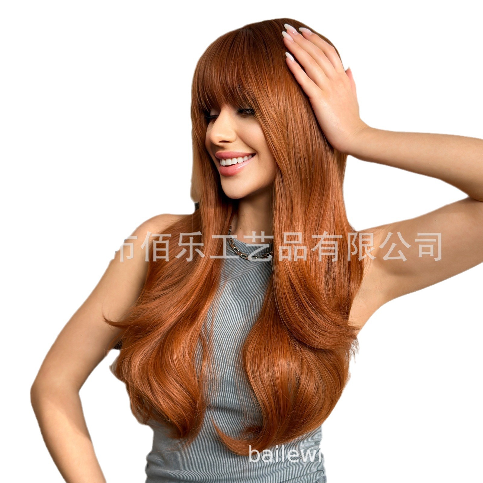 Pelucas populares, venta caliente transfronteriza con flequillo, pelucas al por mayor de fabricante de tocados completos de pelo largo y rizado europeo y americano, color naranja y marrón