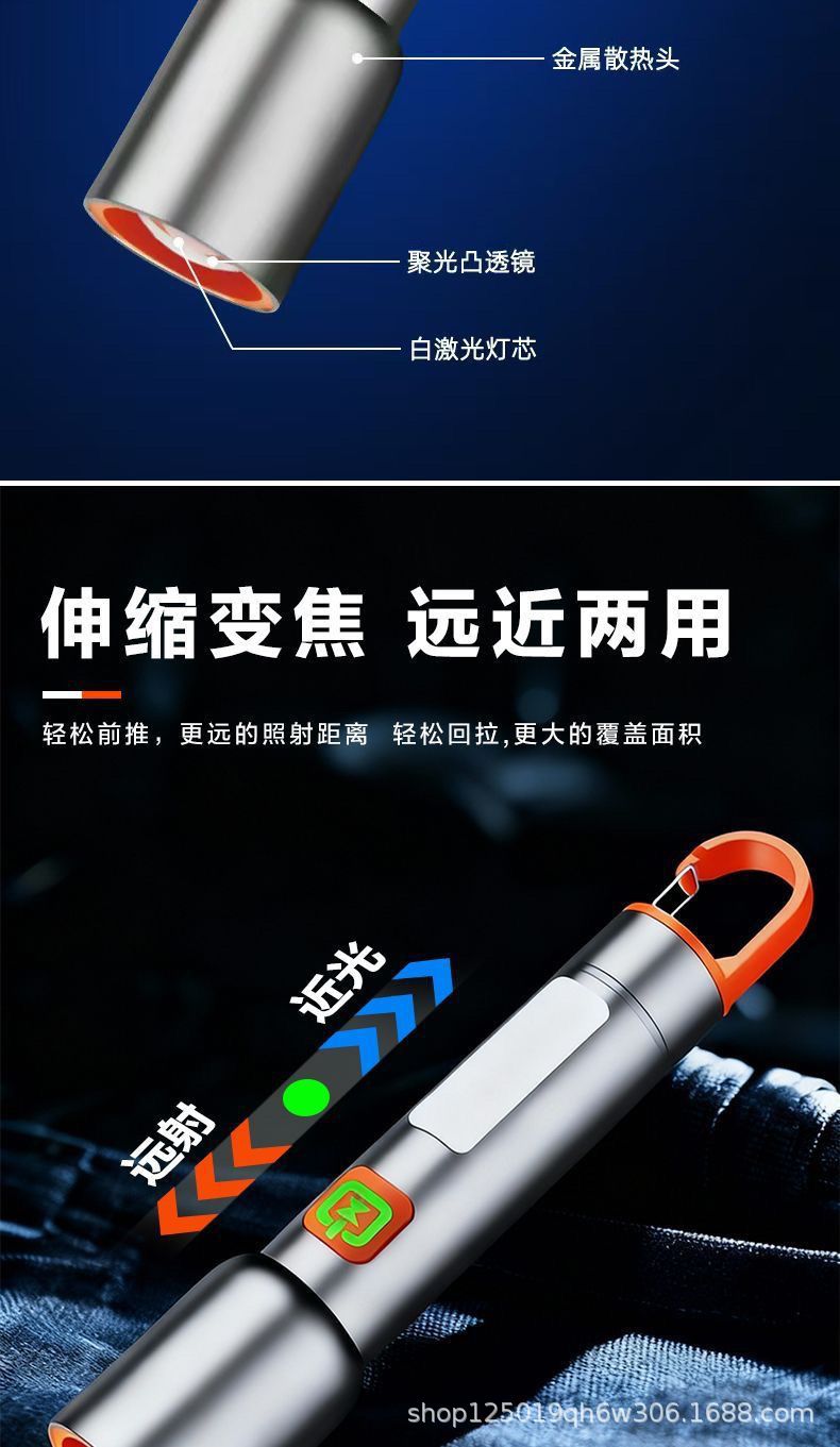 Premium aluminum alloy flashlight, super bright, rechargeable, with adjustable zoom and long-range beam, ideal for outdoor activities like hiking, fishing, and camping