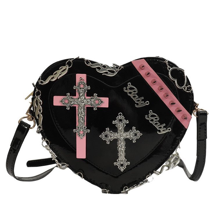 Nueva moda de Las Mujeres oscuras bolsa de la muchacha caliente en forma de corazón de moda bolso de hombro fresco personalidad remache punk Cruz bolsa de mensajero