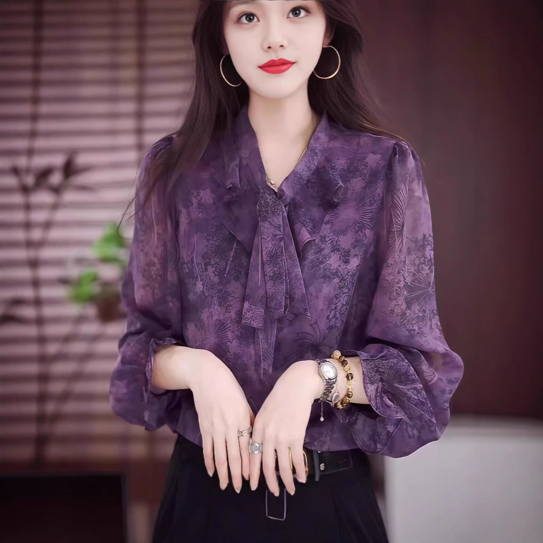 서양식 보라색 긴 소매 셔츠 여성의 봄 시대 감소 여성 의류 C 우아한 부동 Led 새로운 올 매치 느슨한 탑 여성