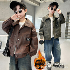 Boys' Fleece-lined Leather Jacket 2025 Winter New Children's Autumn/Winter Baby Thick Medium and Large Kids Stylish Leather Jacket