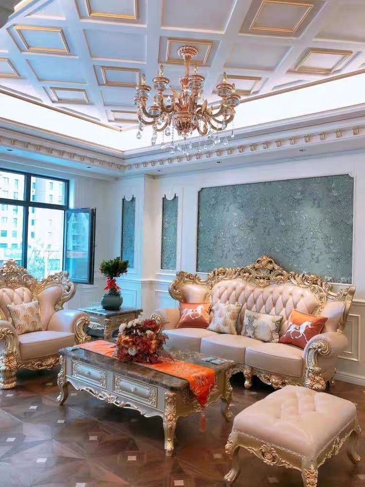 European-Style Genuine Leather Sofa 123 Combination, Top-Layer Cowhide, Solid Wood Carving, Luxurious and High-End Atmosphere