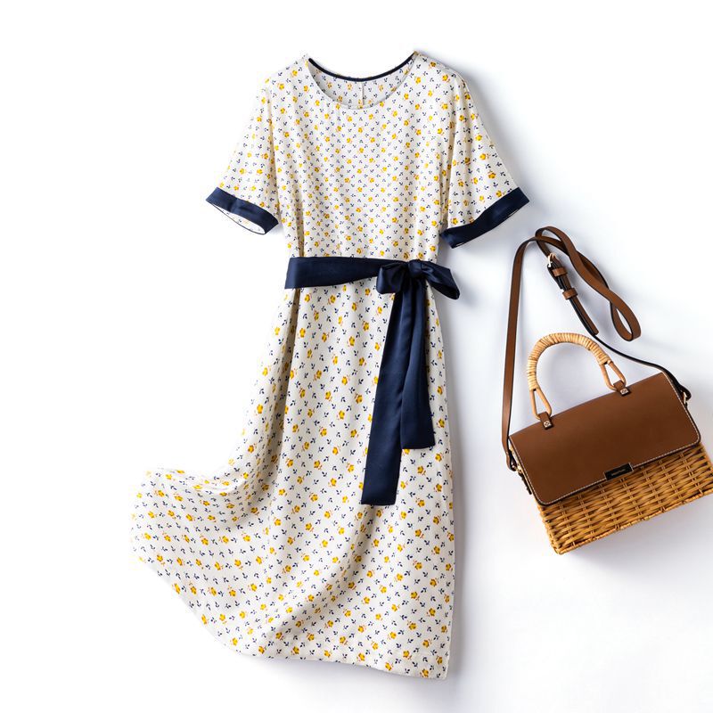 Silk Printed Satin Dress for Women 2025 Summer New Style Mid-Length Mulberry Silk Skirt Elastic Loose and Versatile