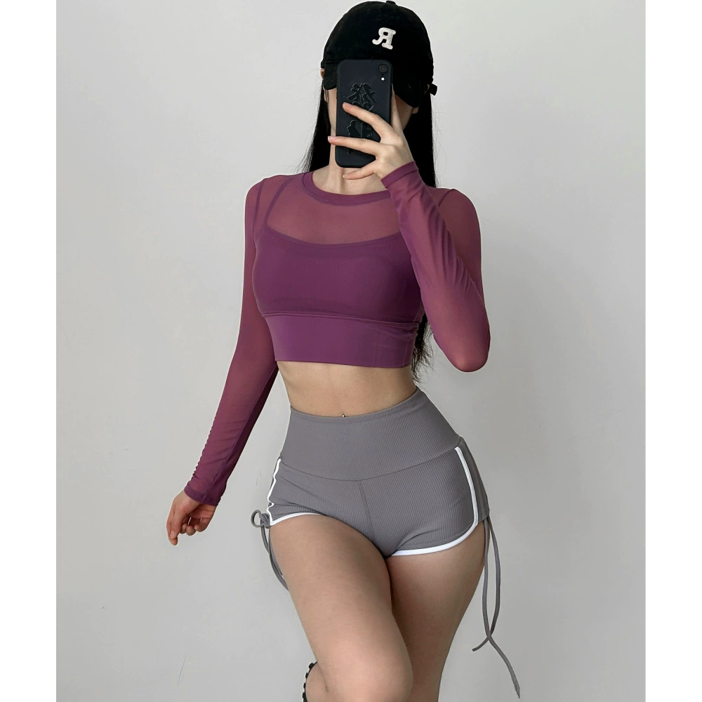 Цельная одежда для йоги с нагрудной накладкой из искусственных двух частей с круглым вырезом и длинными рукавами сетка одежда для фитнеса спортивный топ Пилатес 1401