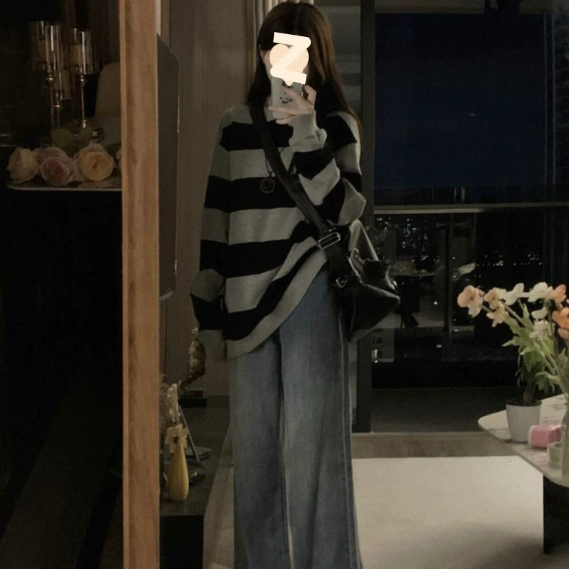 2024 Новый корейский ленивый полосатый свитер