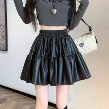 蓬蓬皮裙半身裙秋冬新款PU高腰显瘦气质百搭松紧腰A字短裙女生款