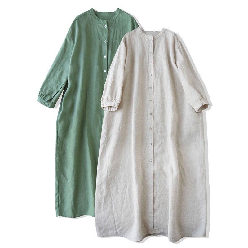 Spot New Japanese Style Style Artistic Stand-Up Collar Long Shirt Dress Linen Dress Forest Style Loose Cotton and Linen Robe