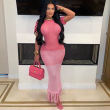 众思创跨境电商欧美女装性感针织流苏沙滩长裙夏季短袖长裙