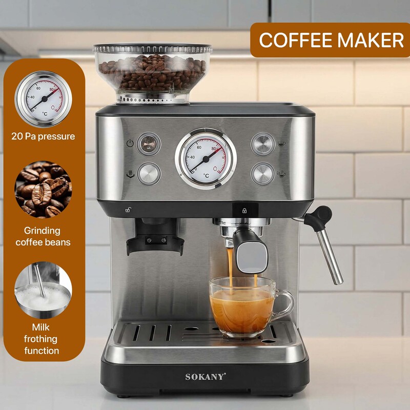 1.6L Fully Automatic Espresso Machine with 20-Bar Steam, Integrated Grinder and Milk Frother