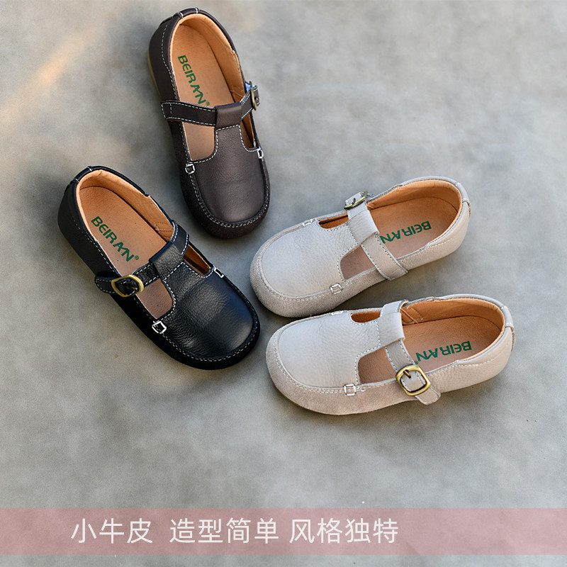 Girls Genuine Leather Kidsren's Shoes Spring & Fall Flats Campus Black Leather Shoes 2024 New Baby Trendy Shoes Soft Cowhide Trend