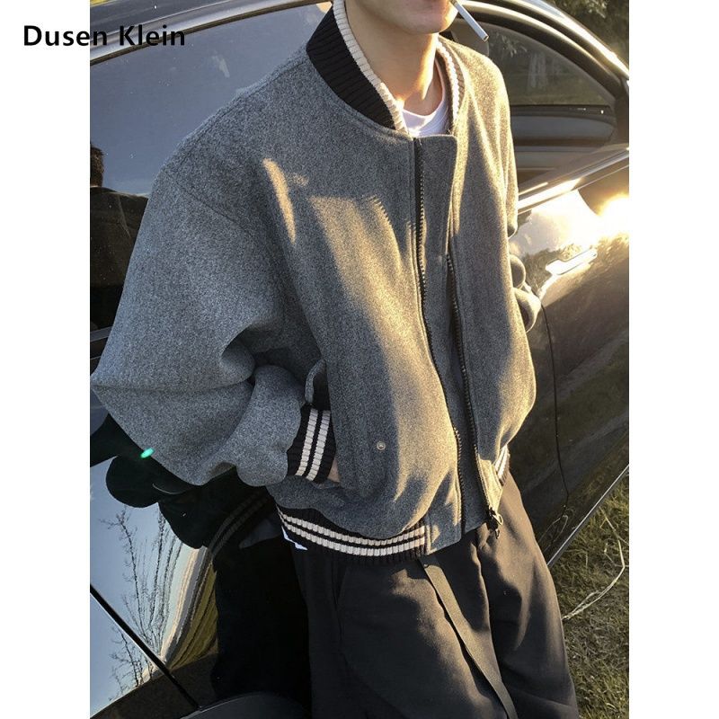 K1E秋冬季美式高街男款休闲宽松痞帅棒球服毛呢夹克外