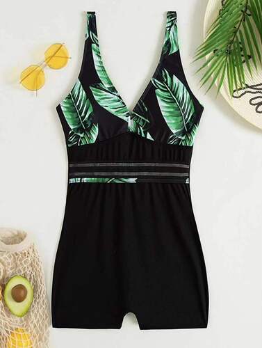  European and American New Leaf Print Striped Flat-Bottom Bodysuit Swimsuit Cross-border Foreign Trade