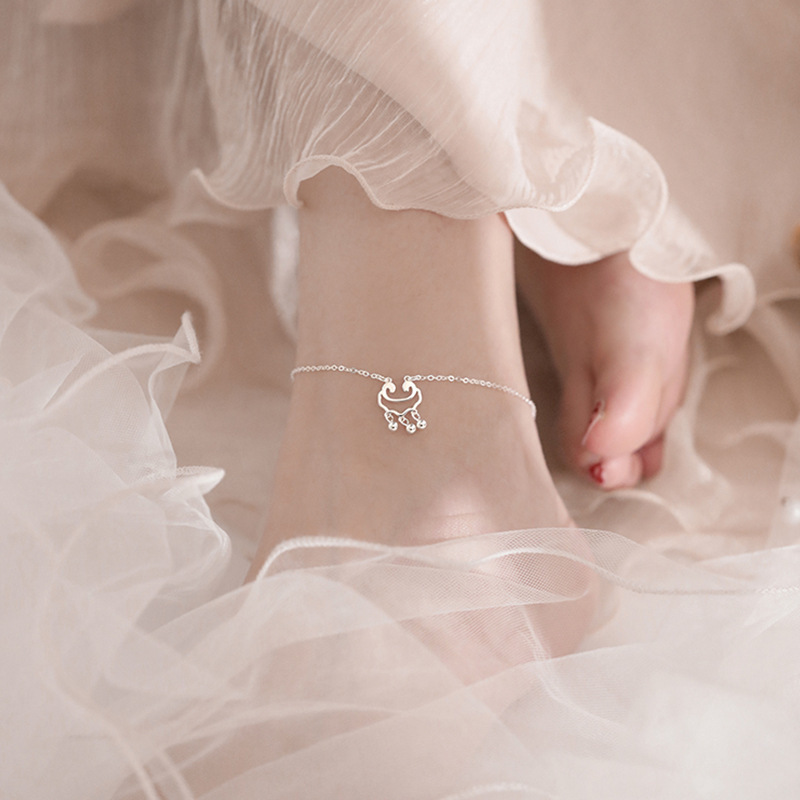 S925纯银长命锁古风森系脚链子女款性感简约珠个性网红2021年新款|ms