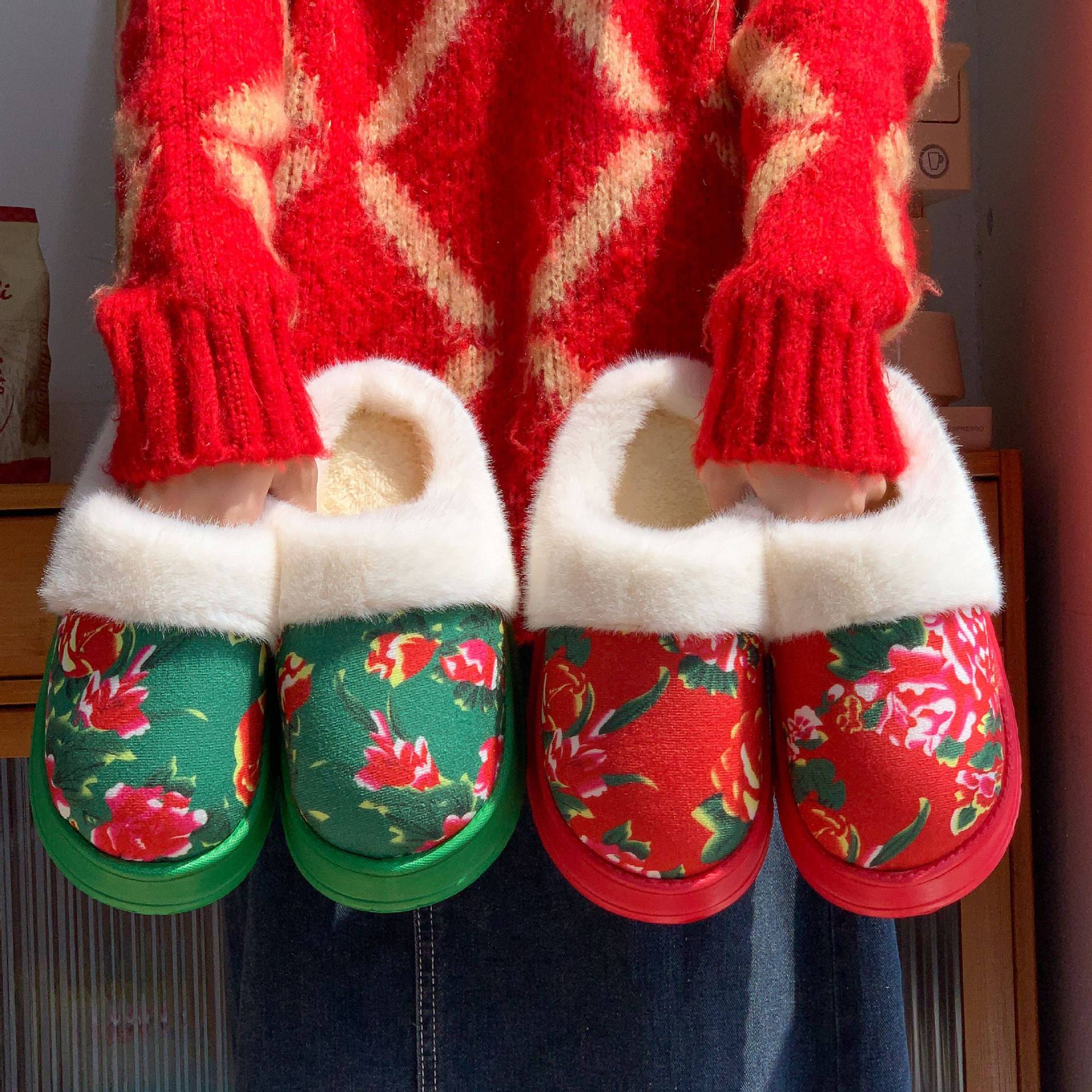 东北大花棉袄风棉拖鞋女复古风潮秋冬季加绒保暖防滑厚底居家棉鞋