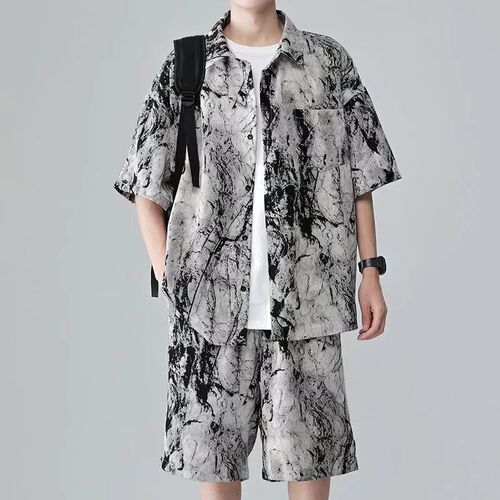 Water-based tie-dye floral men's short-sleeve summer design ice silk blouse, new China style men's clothing set