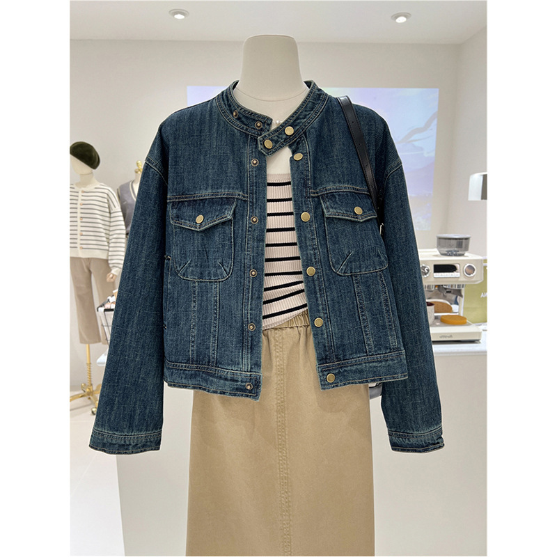 Korean Retro Stand-Up Collar Denim Jacket for Women Spring and Autumn New Casual Loose Versatile Short Jacket Top Trendy