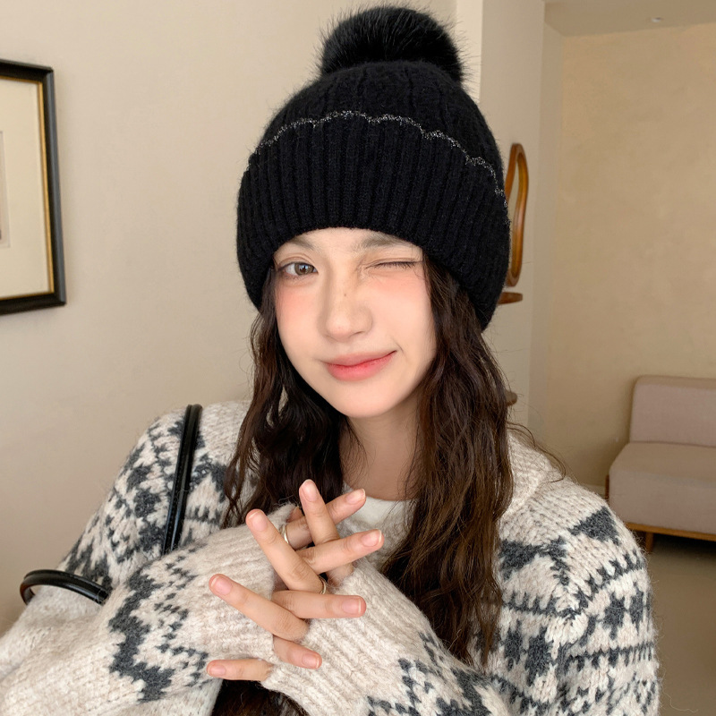 2025新款毛线帽子女秋冬保暖御寒护耳帽大头围加绒加厚毛球针织帽|undefined
