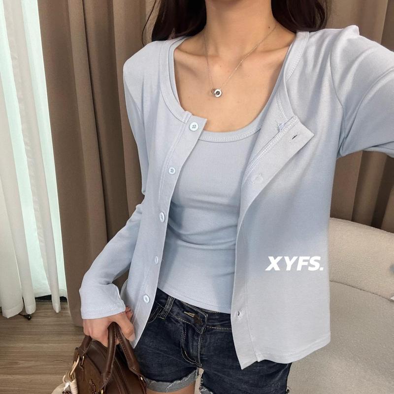 2025早秋新款背心+外套长袖单排扣圆领女包袖防晒短女装外搭气质|undefined