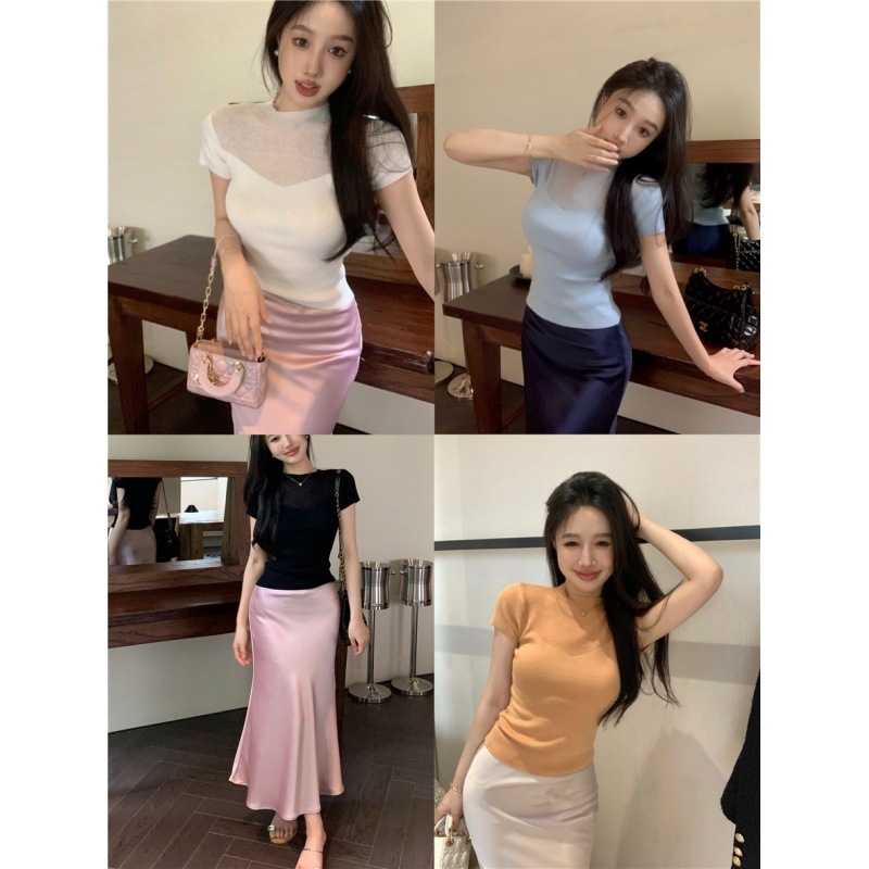 气质拼接微透短袖针织衫女装夏季修身短款设计感小众薄款甜辣上|undefined