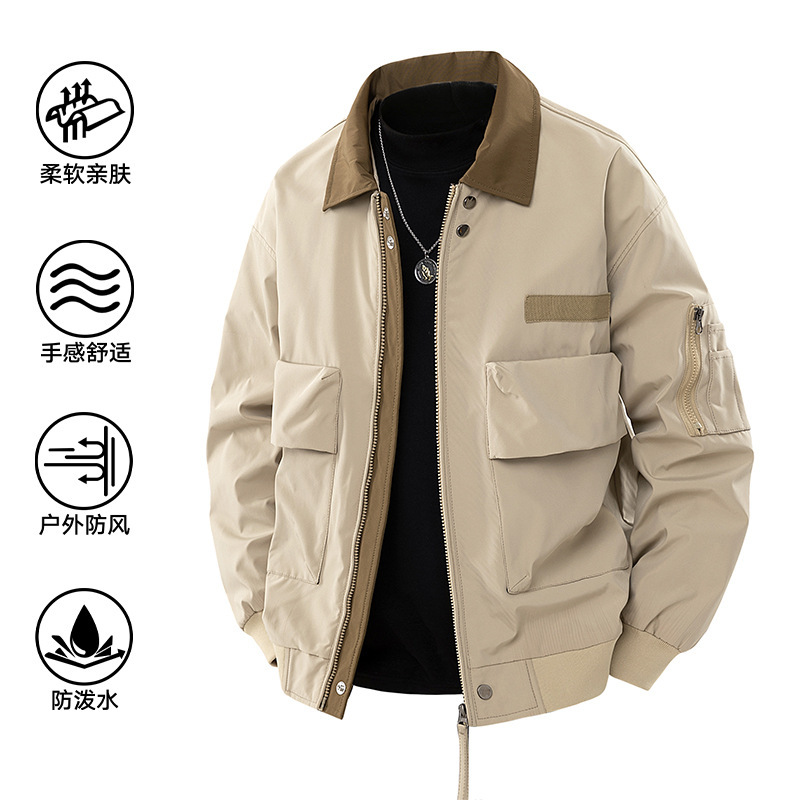 American Retro Pilot Jacket Men's Spring and Autumn Super Hot Workwear Lapel Jacket Contrasting Color Men's Casual Jacket