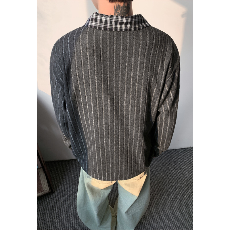 Korean-style Plaid Turn-down Collar Long-sleeve T-shirt For Men, Spring Cleanfit Youthful Look, American-style_voghion.com