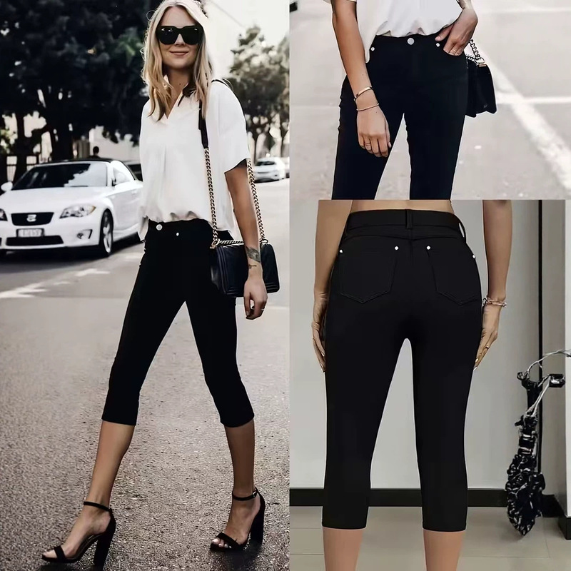 2026 Hot-Selling Cross-Border Black Mid-Waist Stretch Denim Cropped Pants Slim Fit Skinny Pants Fashionable Versatile Style 2026 Hot-Selling Cross-Border Black Mid-Waist Stretch Denim Cropped Pants Slim Fit Skinny Pants Fashionable Versatile Style