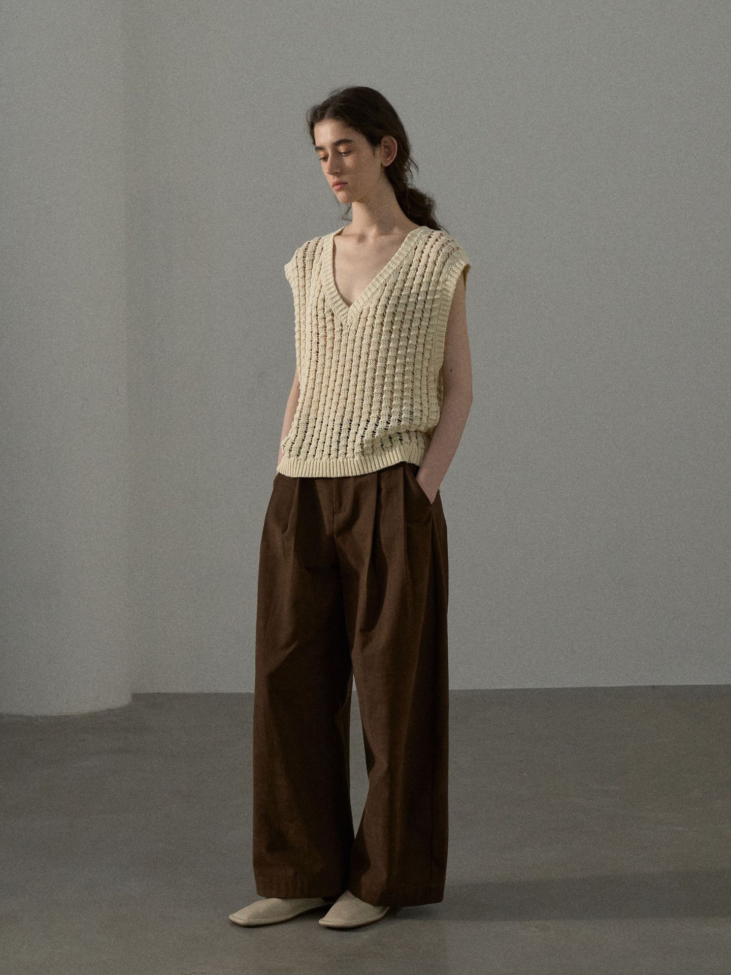 【コモンライン】COLNE 新作 ハイウエスト コットン 起毛 カーブ 万能 ゆったり レイジー カジュアル パンツ C4472