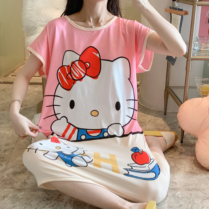 Camisón de las mujeres del verano Delgado manga corta nueva línea rojo estilo pijamas dibujos animados lindo señoras vestido flojo desgaste hogar