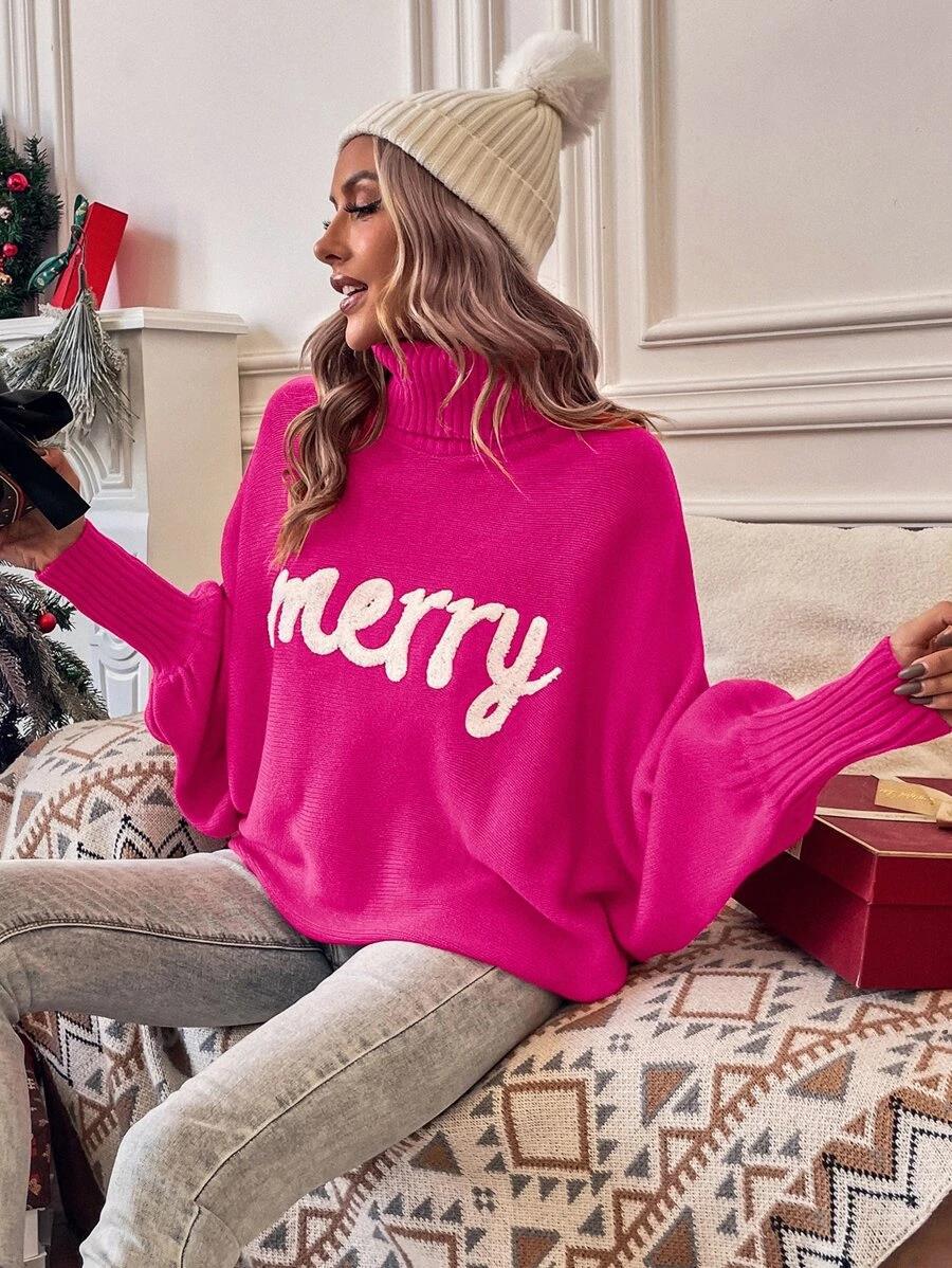 350g Weight Long Sleeve Sleeve Length Pullovers Placket Type Batwing Sleeve Sleeve Type Polyester, Polyacrylonitrile Fiber Fabric Type Long Top Length Sweater Tops Type Daily Occasion Turtleneck Neckline Loose Fit Type Christmas Festival Letter Pattern Winter, Autumn Season Women's Gender Embroidery Design Streetwear Style Wholesale Women's Streetwear Letter Long Sleeve Embroidery Sweaters & Cardigans 10