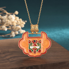Chinese-style court accessory, ancient gold craftsmanship, cold enamel painted red lion, peace lock, retro necklace for women