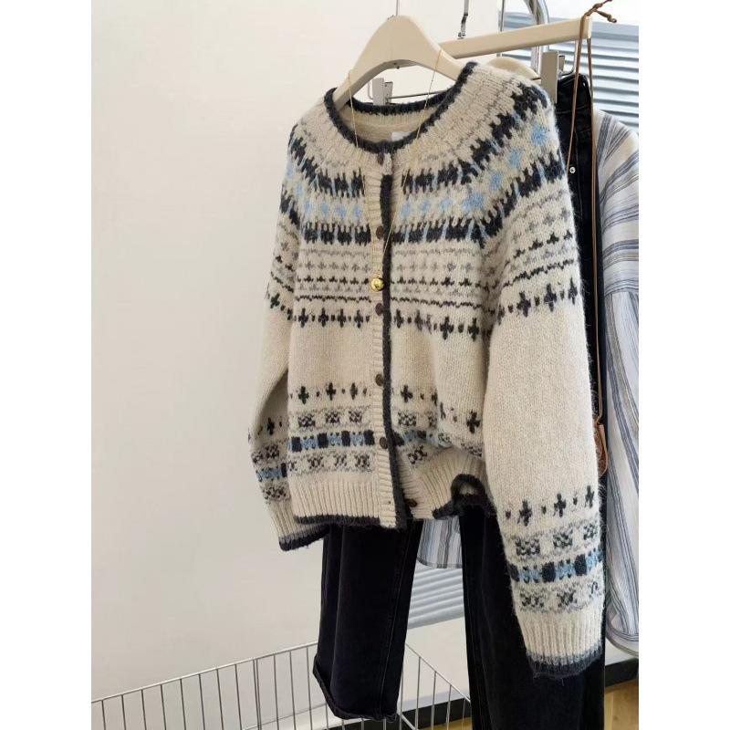 Kaning High-End Retro Jacquard Round Neck Knitted Cardigan Autumn and Winter Single-Breasted Loose Fair Isle Sweater Jacket