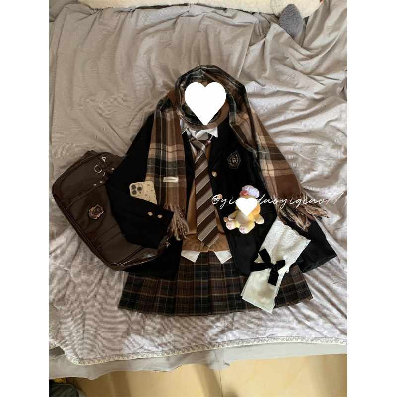 한국 대학 스타일 가을 겨울 JK 유니폼 세트 재킷 니트 조끼베이스 셔츠 체크 무늬 주름 치마 4 종 세트
